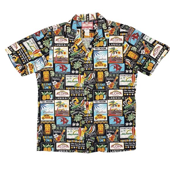 RJC Hawaiian Tourist Spots Aloha Shirt Mens M Black Palm Tree Pineapple
